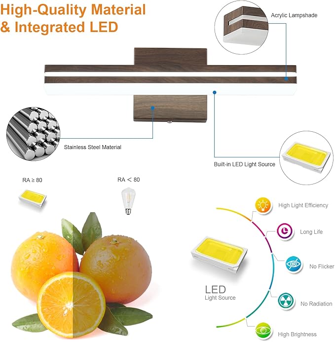 SineRise 16-Inch LED Modern Bathroom Vanity Light Bar, Brown Modern Acrylic Bathroom Wall Lighting Fixtures Over Mirror (Cool White 6000K)