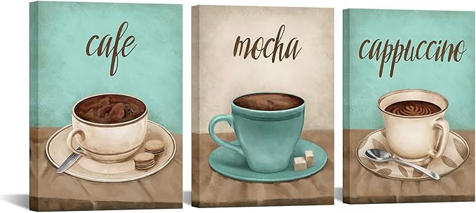 iHAPPYWALL 3 Pieces Coffee Kitchen Decor Wall Art Abstract Cafe Mocha Cappuccino Food Painting Picture for Restaurant Dining Room Cafe Bar Ready to Hang 12x16inchx3pcs