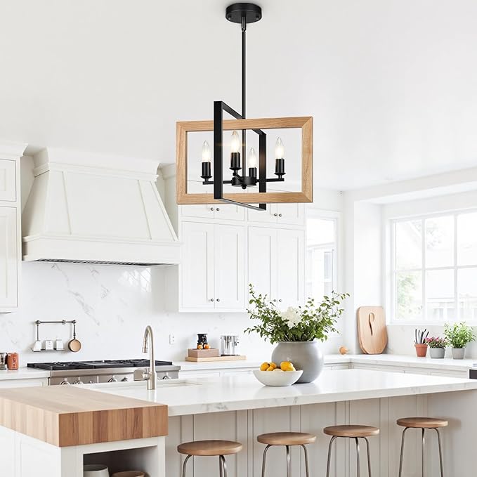 17" Farmhouse Natural Wood Chandelier, (4-Light, 17-Inch), Rustic Dining Room Light Fixtures Over Table, Adjustable Hanging Light Fixture for Kitchen, Living Room, Foyer, Entryway