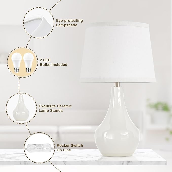 Seealle Modern Ceramic Table Lamps for Night Stands - Bedside Lamps Set of 2 for Nightstand, 19.4" White Bedroom Lamp for Living Room Cute Desk End Table Office Guest Room Dresser Rocker Swtich