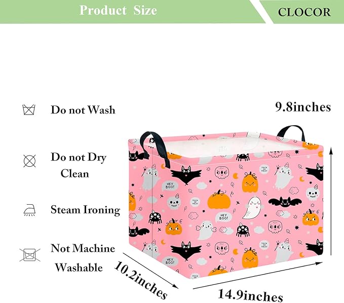 CLOCOR Rectangular Storage Basket Empty,Gift Basket for Halloween,Waterproof Storage Bin with Handles,Room Decor(Pink Ghost)