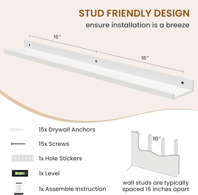 Axeman Picture Ledge Shelf, Floating Shelves for Wall Decor Storage Set of 6, 36 inch Floating Wall Mounted Shelves, Wall Shelves with Lip for Living Room, Bedroom, Nursery, Bathroom, Kitchen, White