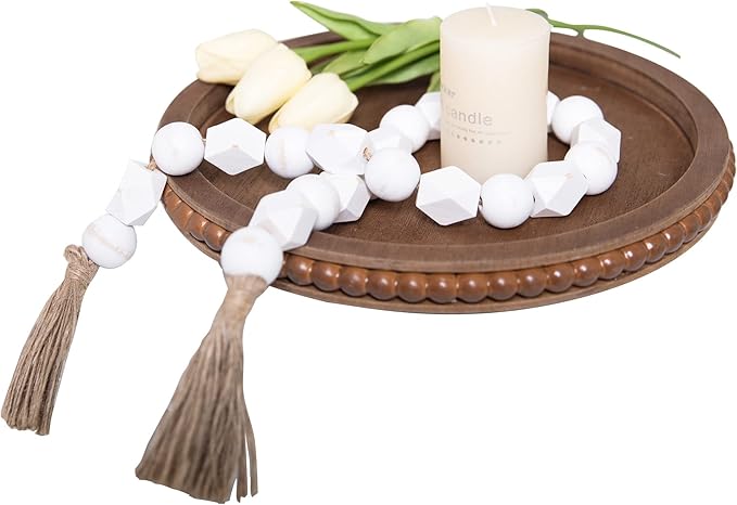 12in Round Wood Beaded Tray - Brown, Distressed Finish - Farmhouse Boho Style - Decorative Tray for Living Room, Coffee Table, Kitchen Table or Serving Tray