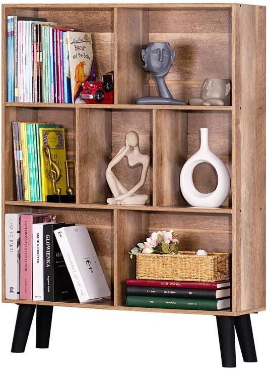 LEYAOYAO 7 Cube Bookshelf 3 Tier Modern Bookcase with Legs,Wood Book Shelves Storage Organizer Shelf,Free Standing Bookcases,Oak Display Bookshelves