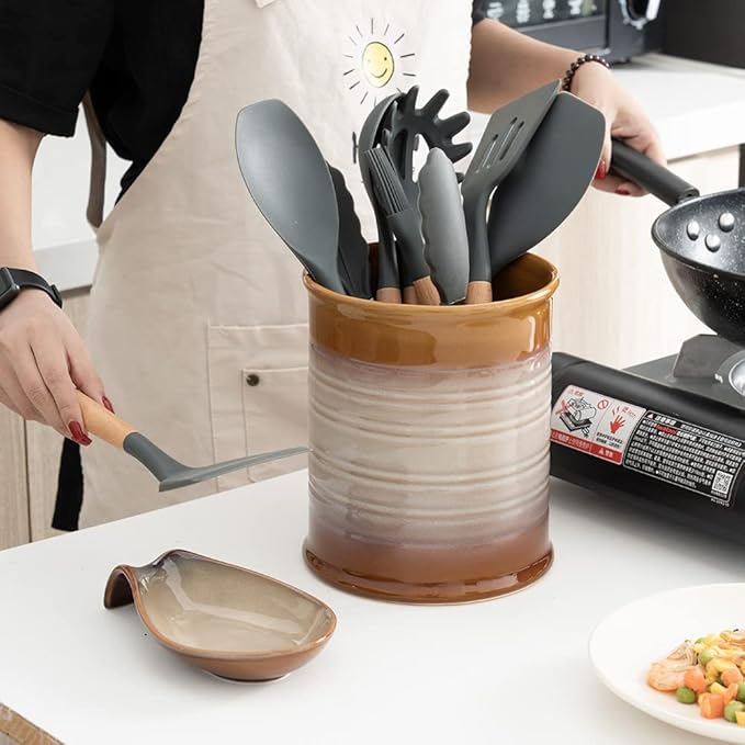 Nihow Kitchen Utensil Holder: 7.2 Inch Extra Large Ceramic Utensil Holder for Countertop - Stable Utensil Crock for Kitchen Counter Decor - Elegant Brown (1PC)