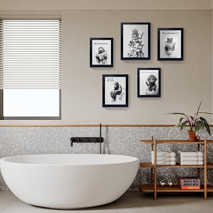 Framed Bathroom Decor Wall Art Wear Crown Frog Toilet Paper Pile - Playful Bathroom wall decor Animal Art black and white canvas wall art print can be hung directly - Frame, 16 "x 20"