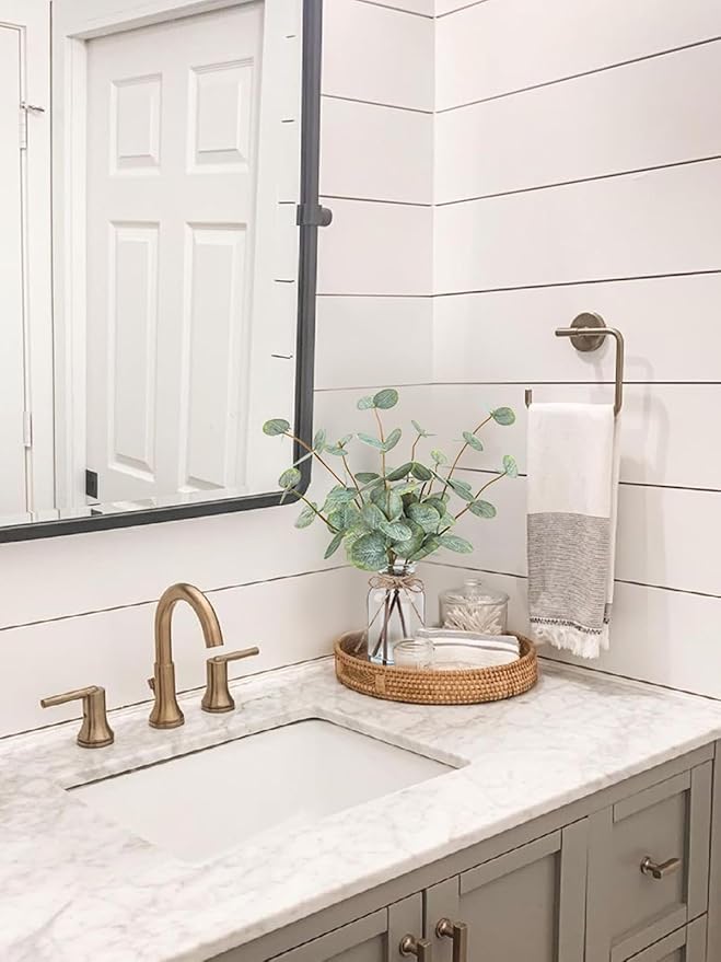 Artificial Eucalyptus Stems in Glass Vase with Faux Water, 13.5” Fake Plants for Home Decor, Coffee Table Centerpieces, Office, Bathroom & Farmhouse Weddings - Faux Greenery Plants Decorations