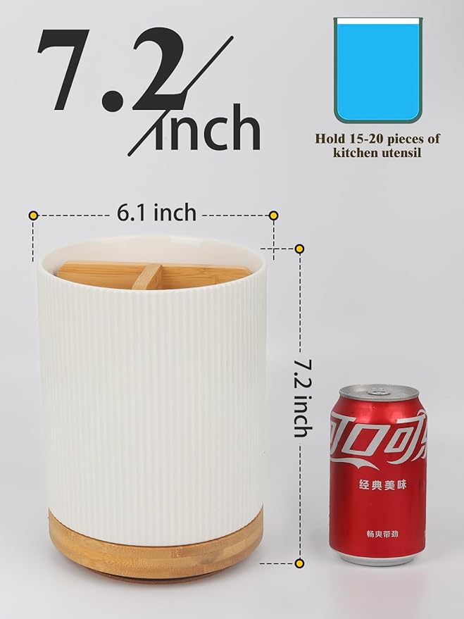 LoeJan 3 Compartment Utensil Holder, Extra Large Utensil Crock, Stable Ceramic Utensil Organizer, Cooking Tool Organizer Set for Kitchen Counter Farmhouse Decor (A-White(Vertical Stripe))