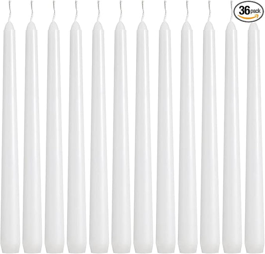 36 Pack White Taper Candles, 7-8 Hours Burn Time, Unscented, Smokeless and Dripless, 0.8 x 10 Inch Dinner Candle Set for Household, Wedding, Party and Home Décor Candlesticks