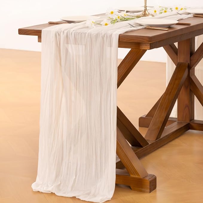 Socomi 10pcs Ivory White Cheesecloth Table Runner Boho Rustic Gauze 120 inch 10FT Cheese Cloth Runner for Wedding Party Baby Shower Birthday Home Decor Holiday Decorations