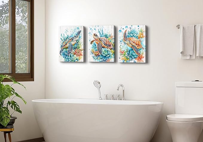 Sea Turtle Wall Art for Bathroom Ocean Decor Teal Succulent Pictures Beach Coastal Room Decor Vintage Marine Life Canvas Paintings Abstract Turtles Posters Artwork Home Bedroom Decorations 12x16” 3Pcs