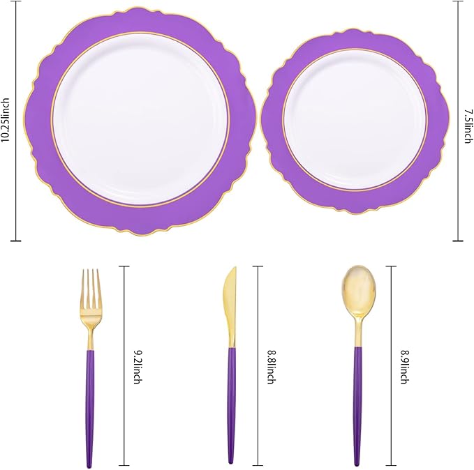 WDF 30Guest Purple Plastic Plates with Gold Rim & Disposable Gold Plastic Silverware With Purple Handle - Baroque Party Plates Mardi Gras Plate for Birthday Parties