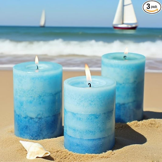 3x4 Inche Pillar Candles Ocean Scented Aromatherapy Candles Long Lasting Burn Blue Mottled 3-Layered Candles for Home Scented, SPA, Restaurant, Set of 3, Immeiscent