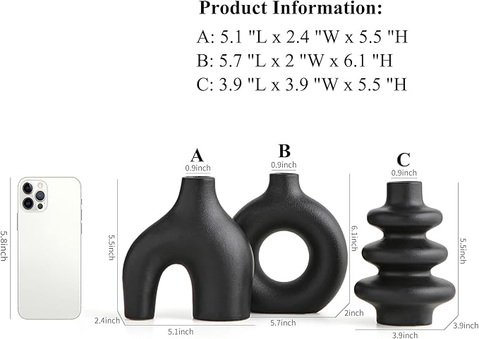 Black Ceramic Vase Set of 3, Modern Boho for Home Decor, Small Flower Vases for Pampas Grass, Round Centerpieces for Wedding, Coffee Table, Shelf, Living Room, Bedroom, Entryway