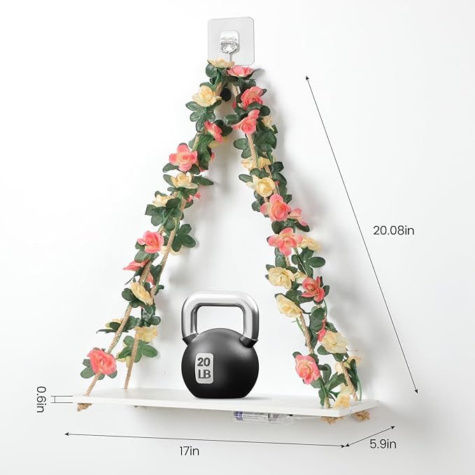 Floating Shelves for Wall No Drilling,Wall Dcorations Art,Hanging Shelf,Leaves and Light Strip with Flower,Set of 2 Plant Decor for Home House Livingroom Bedroom Officer,Boho Decor,Gifts for Woman