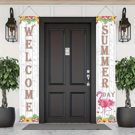 2pcs Welcome Summer Door Banner Hawaiian Flamingo Porch Banners Sign Sunshine Hibiscus Floral Front Door Hanging Decor Banner for Seasonal Home Hawaii Tropical Party Outdoor Decorations