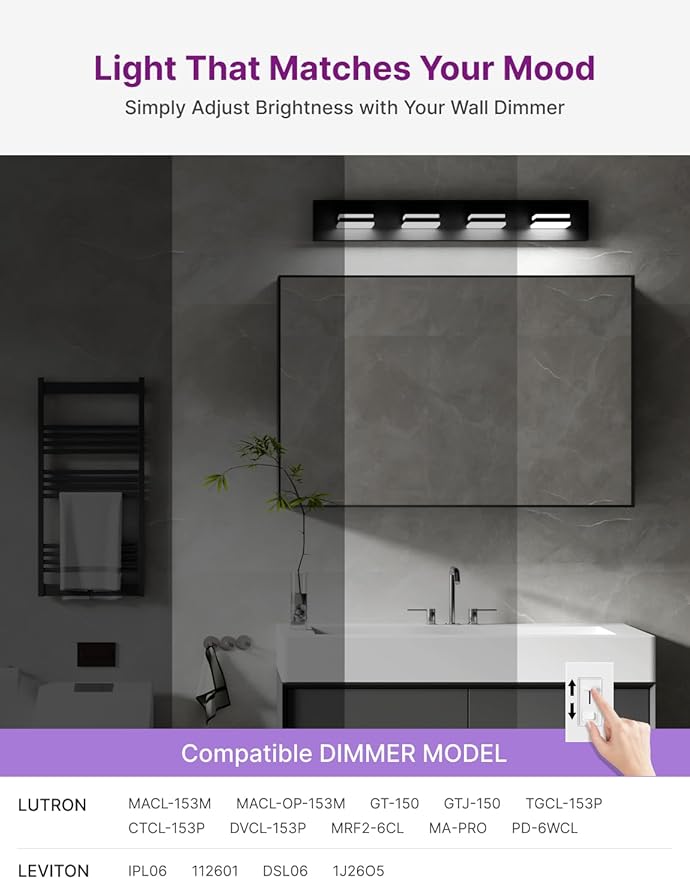 Modern Bathroom Light Fixture Over Mirror, 29" 4-Light Bathroom Vanity Light with Rotatable Heads, Dimmable 5000K Daylight, Hardwired, Energy-Efficient LED Vanity Lighting Fixture, Black