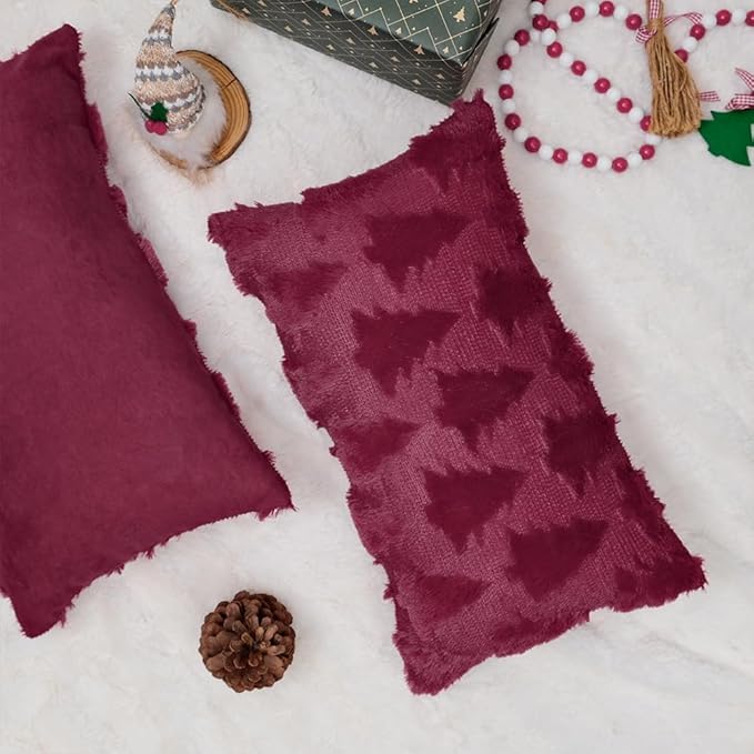 GEEORY Christmas Tree Throw Pillow Covers 12x20 Inch Set of 2, Xmas Winter Soft Plush Faux Fur Wool Decorative Farmhouse Holiday Cushion Case for Home Decoration (Wine Red) GC009-12