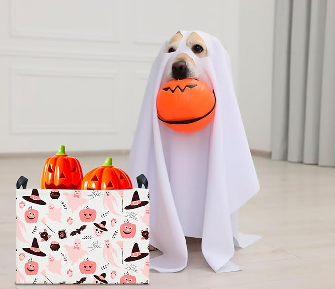 CLOCOR Rectangular Storage Basket Empty, Gift Basket for Halloween, Waterproof Storage Bin with Handles, Room Decor(Pink Bowknot Ghost)