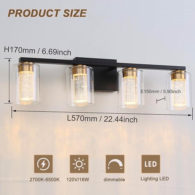 4-Light Black Bathroom Light Fixture, Dimmable 5CCT Black and Gold Bathroom Vanity Lights, 2700K-6500K Modern Crystal Bubble LED Wall Sconce Over Mirror with Clear Glass
