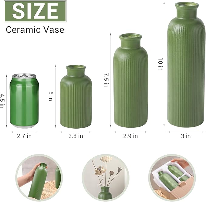 Small Sage Green Ceramic Vase Set of 3, Boho Modern Flower Vase Room Decor, Farmhouse Decor, Vases for Your Kitchen, Bathroom, Bedroom, Living Room, Office&Shelf Centerpiece Table Decorations