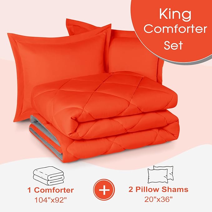 Basic Beyond King Size Comforter Set - Orange Reversible King Bed Comforter Set for All Seasons, Flame/Charcoal Gray, 1 Comforter (104"x92") and 2 Pillow Shams (20"x36"+2")