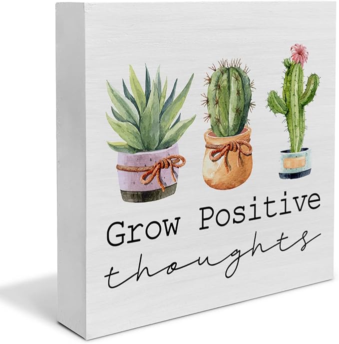 Country Grow Positive Thoughts Wood Box Sign Decor for Desk - Plant Lovers Cactus Wooden Block - Summer Rustic Home Shelf Wall Decoration