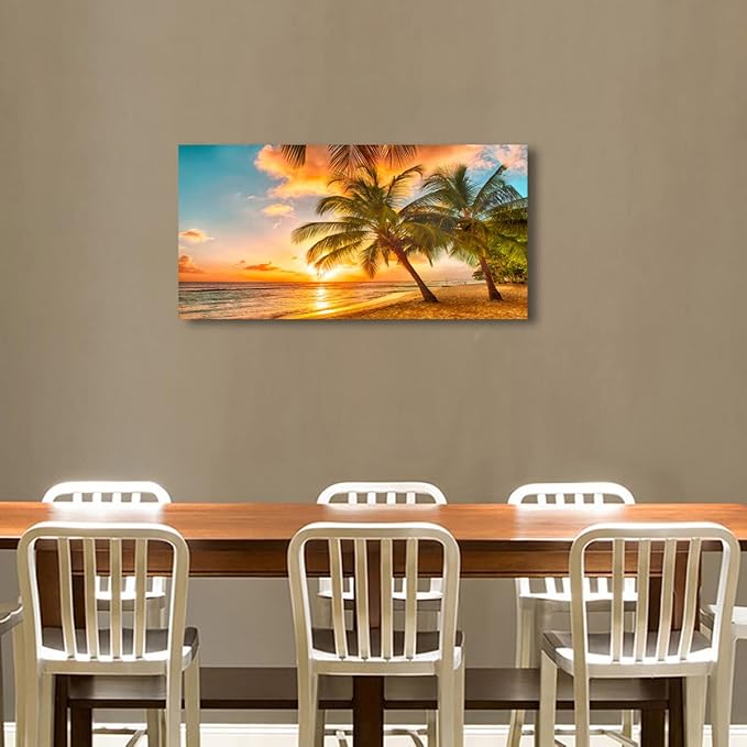 Beach Themed Wall Art Canvas Prints Seascape Picture Bathroom Décor Ocean Tree Sunset Paintings for Living Room Bedroom Office Home Kitchen Decorations 24x48 Wooden Framed Natural Landscape Artwork