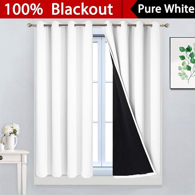 Yakamok Pure White 100% Blackout Curtains for Bedroom, Thermal Insulated Grommet Total Blackout Drapes with Black Liner for Living Room, 52W x 45L, 2 Panels
