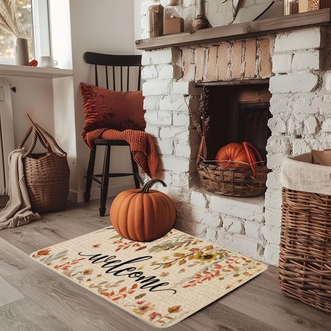 ORTIGIA Welcome Fall Doormat Indoor Outdoor Patio Eucalyptus Leaves Sunflowers Door Mats Non-Slip Entrance Mat for Home Entrance, Outside Entry, Yard, Floor, Patio 32x20 Inch