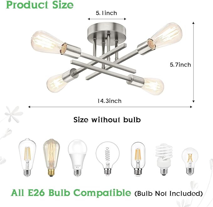 Brushed Nickle Semi Flush Mount Ceiling Lights, 4-Light Modern Industrial Sputnik Chandelier Light Fixture, Silver Flush Mount Light for Kitchen Bedroom Living Room Dining Room Closet, E26 Bulb Socket
