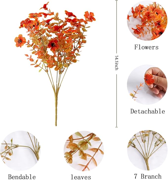 12 Pack Artificial Fall Flowers Orange Autumn Indoor Outdoor Floral Stems Faux Silk Violet Flower for Home Garden Porch Window Yard Wedding Thanksgiving Decoration Table Centerpiece Decor