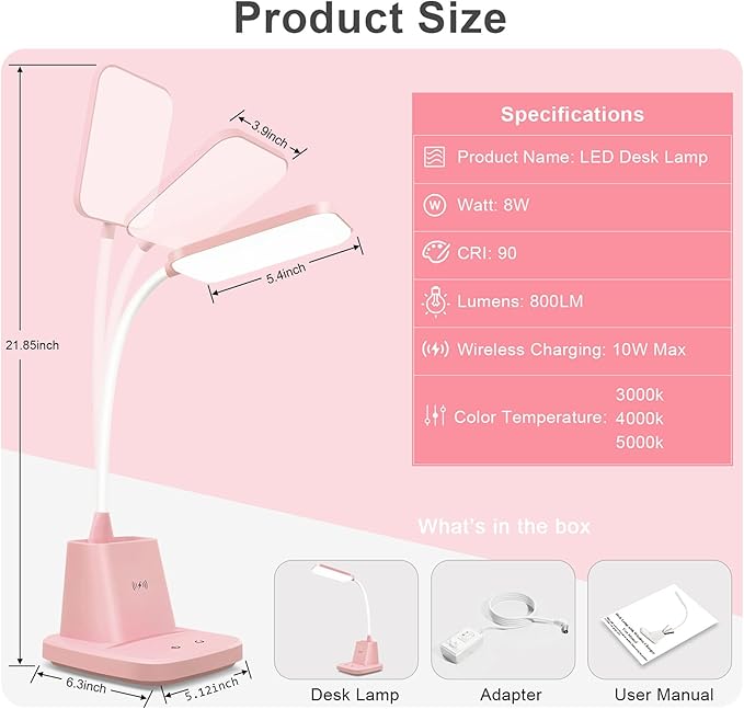 Sailstar Pink Desk Lamp, Small Desk Lamp with Pen Holder, Wireless Charger LED Desk Lamps for Home Office, Kids Desk Lamps 800LM Gooseneck 3 Modes Dimmable Touch, Study Lamps for College Dorm Room