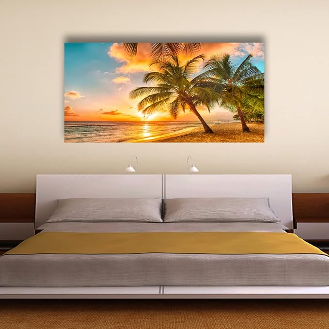Beach Themed Wall Art Canvas Prints Seascape Picture Bathroom Décor Ocean Tree Sunset Paintings for Living Room Bedroom Office Home Kitchen Decorations 24x48 Wooden Framed Natural Landscape Artwork