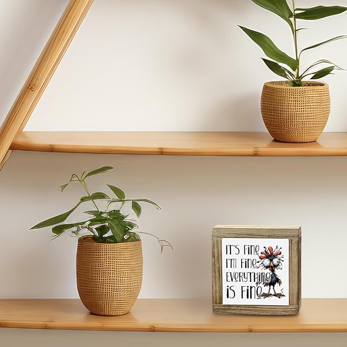 Funny Office Decor, Wood Box Sign, Cranky Chicken It's Fine I'm Fine Everything Is Fine, Office Desktop Decor Sign, Funny Home Desktop Decoration, Farmhouse Home Room Decoration