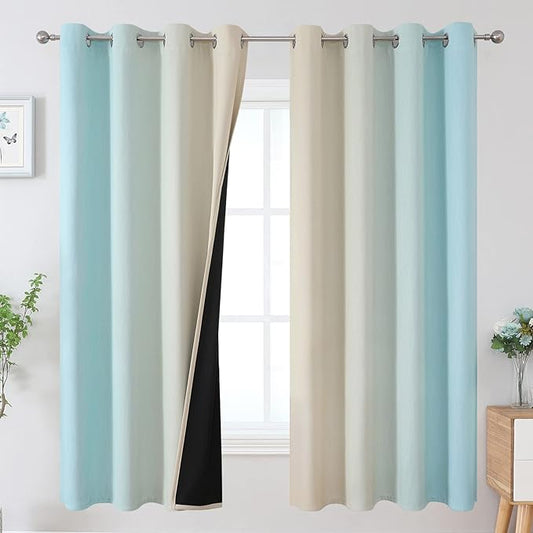 Estelar Textiler Aqua and Beige Gradient Blackout Curtains for Boys Room, Ombre Thermal Insulated Noise Reducing Blackout Drapes for Playroom, Full Room Darkening Grommet Curtains, 52Wx63L, 2 Panels