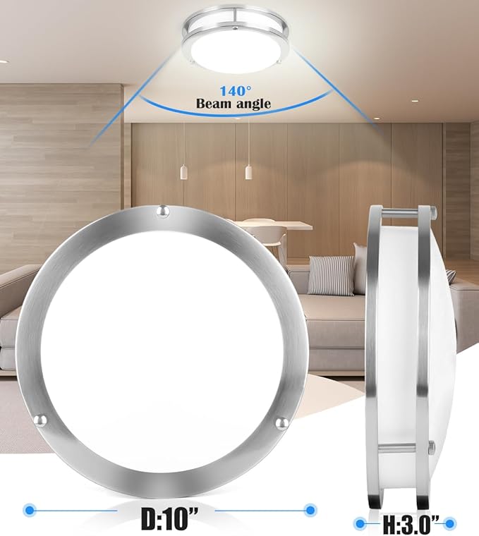 2 Pack Brushed Nickel Ceiling Light, 10 Inch LED Ceiling Light Fixture for Bathroom,17W, 2700K/3000K/3500K/4000K/5000K Adjustable Ceiling Lighting for Bedroom Kitchen Hallway Living Room