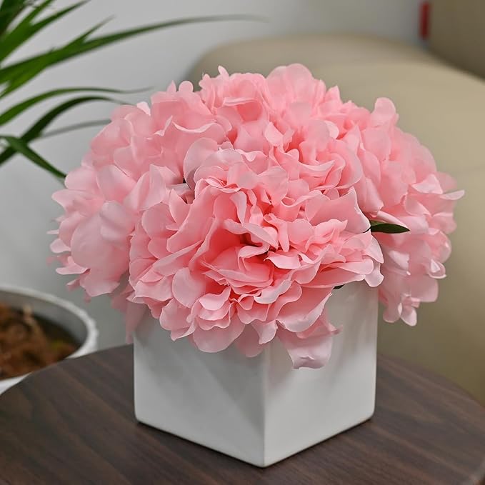 LADADA Artificial Flowers in Square White Ceramic Vase, Fake Peony Bouquet, Artificial Flower Arrangement for Home Decoration (Pink)