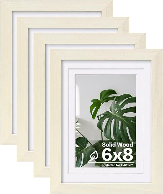 Egofine 6x8 Picture Frames Set of 4, Made of Solid Wood Covered by Plexiglass 4x6 and 5x7 with Mat or 6x8 without Mat, for Table Top Display and Wall Mounting Photo Frame Beige