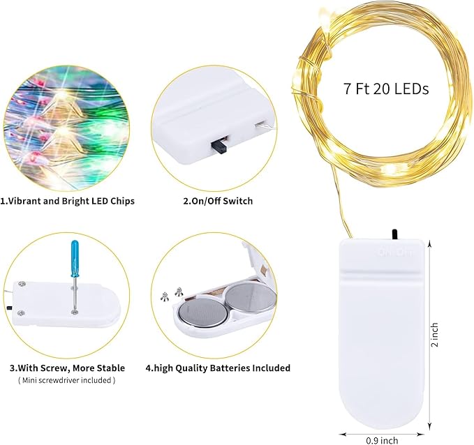 Brightown 12 Pack Multi-Color Fairy Lights Battery Operated - 7ft 20 LED Waterproof Micro Firefly Lights for Christmas Decor, DIY Craft, Wedding Table Centerpieces, Flowers