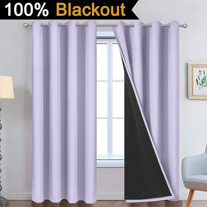 Yakamok 2 Thick Layers 100% Completely Blackout Window Curtains,Thermal Insulated Noise Reducing Drapes for Girl's Bedroom(52Wx90L, Lilac, 2 Panels)
