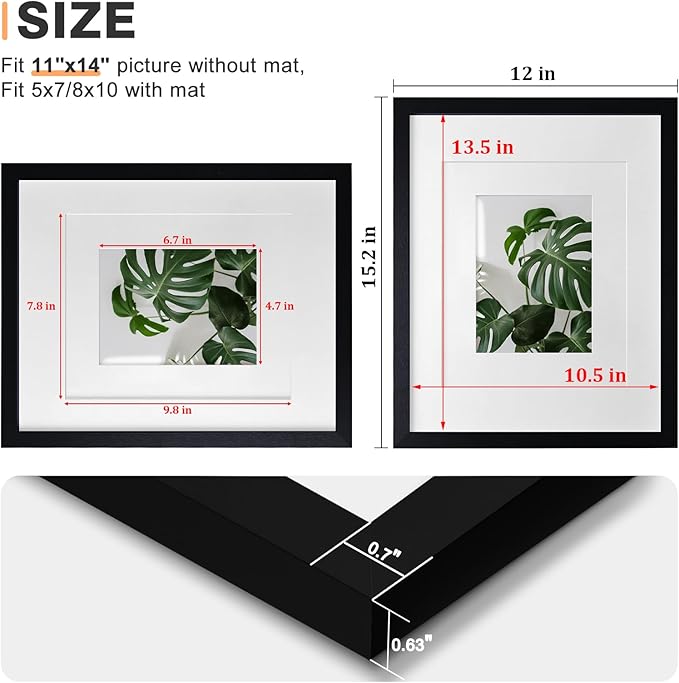 Egofine 11x14 Picture Frames Set of 4, Made of Solid Wood Covered by Plexiglass 5x7 and 8x10 with Mat or 11x14 without Mat, for Table Top Display and Wall Mounting Photo Frame Black