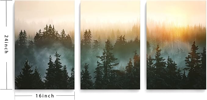 Forest Bathed in Sunlight Canvas Print Picture Painting Wall Art for Bedroom Living Room Framed 3 Piece Artwork Wall Decor for Bathroom Modern Room Plants Wall Decorations Size 16x24x3 Ready to Hang