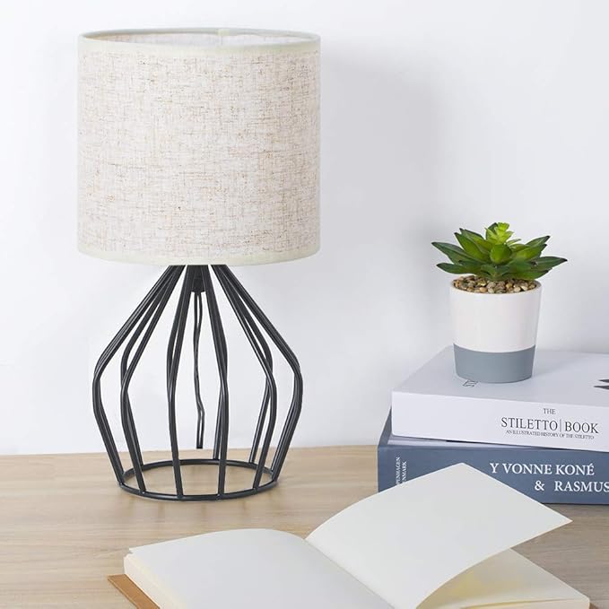 HAITRAL Black Modern Table Lamp - Minimalist Small Bedside Lamp with Hollowed Out Base Linen Fabric Shade, Vintage Nightstand Lamp for Bedroom Living Room Side Table Desk Kids Room