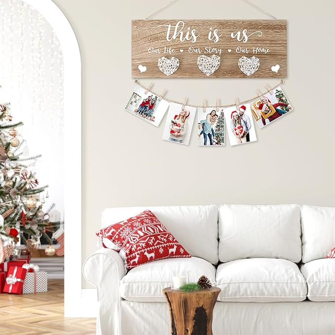 AKEROCK Couples Christmas Gifts, This Is Us Wall Decor, Rustic Wooden Hanging Christmas Picture Frame - Christmas Gift for Couples, Family, Housewarming, Home, Wedding - Natural