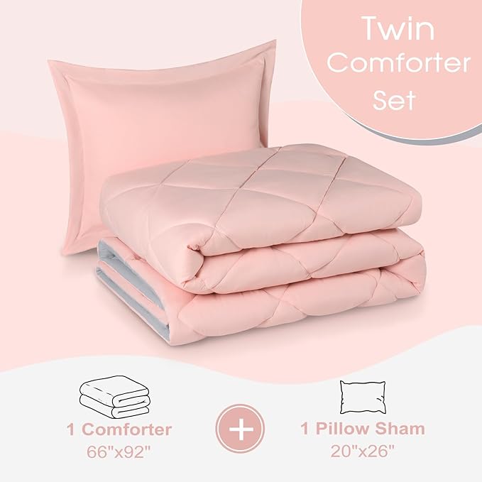 Basic Beyond Twin Comforter Set - Pink Twin Comforter Set, Reversible Twin Bed Comforter Set for All Seasons, Baby Pink/Grey, 1 Comforter (66"x92") and 1 Pillow Sham (20"x26"+2")