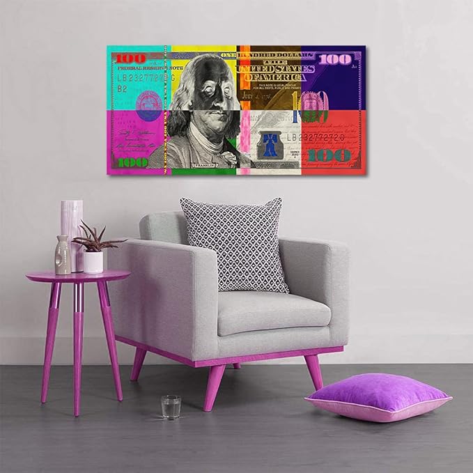 Yatsen Bridge Vivid Colorful 100 USD Artwork Abstract Creative Benjamin Franklin 100 Dollar Bill Color Blocks Canvas Paintings Wall Art HD Print Modern Home Office Decor Gallery Wrapped Easy to Hang