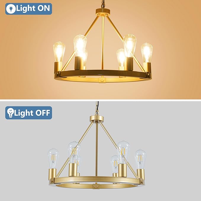 9MMML Gold Wagon Wheel Chandelier, 6-Light Industrial Pendant Light, 20'' Farmhouse Ceiling Hanging Chandelier Light Fixture for Living Room, Bedroom, Entryway, Foyer