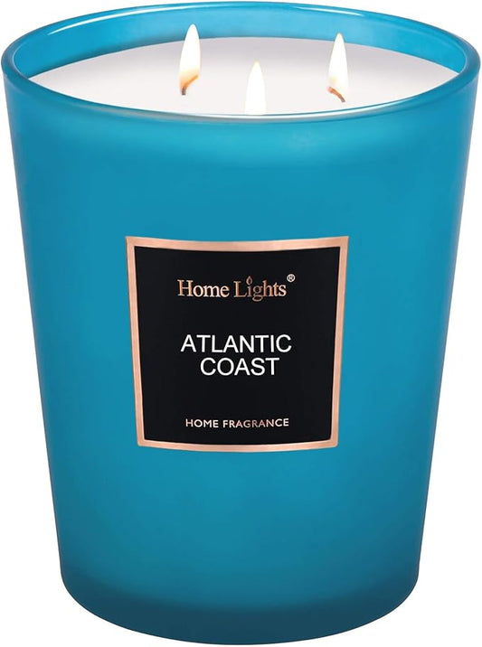 HomeLights Scented Candle | Large Jar Candle - 33.3 Oz. Natural Soy Aromatherapy Candles | Up to 130 Hours Burn Time with 3 Cotton Wicks,Home Decorative Fragrance Candles Gift - Atlantic Coast