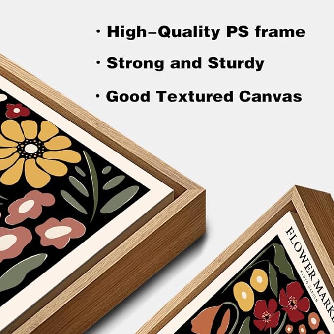 Gufro Framed Red & Yellow Flower Market Canvas Wall Art,Flower Wall Art, Flower Poster Vintage for Living Room Bedroom office Decoration-12''x16''Natural Framed